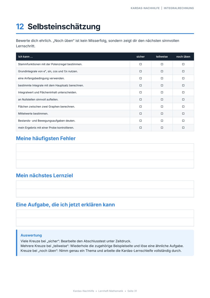Selbsteinschätzungs-Seite aus dem Kardas-Lernheft „Integralrechnung“